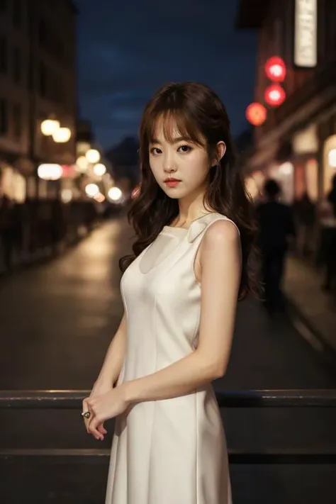 1girl, solo, (upper body:1.2), (slim body), standing, closed mouth, long hair, (small breast:1) ((elegant sleeveless dress)), lips, (photorealistic:1.4), masterpiece, 8k HDR, (realistic:0.2), cinematic lighting, colorful light, (looking at viewer), city street, (detailed background:1.1), panorama, ((night)), slender,