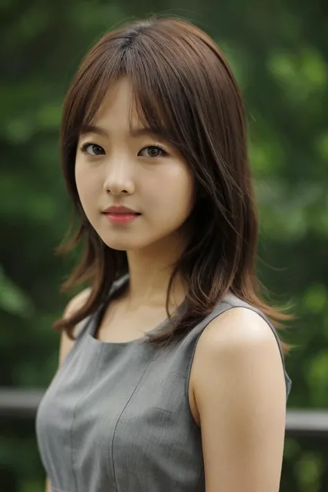 masterpiece, best quality, ultra-detailed, ultra high res, (photorealistic:1.4), raw photo, (realistic:0.2), 8k HDR, 1girl, solo, (looking at viewer), realistic lighting, asymmetrical hair, (detailed skin), (detailed face), (simple gray background :1.1), (upper body:1.5), simple dress, sleeveless,