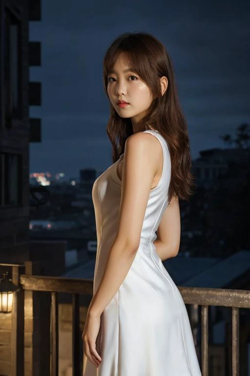 1girl, solo, (upper body:1.2), (slim body), standing, closed mouth, long hair, (small breast:1) ((elegant sleeveless dress)), lips, (photorealistic:1.4), masterpiece, 8k HDR, (realistic:0.2), cinematic lighting, colorful light, (looking at viewer), city street, (detailed background:1.1), panorama, ((night)), slender,