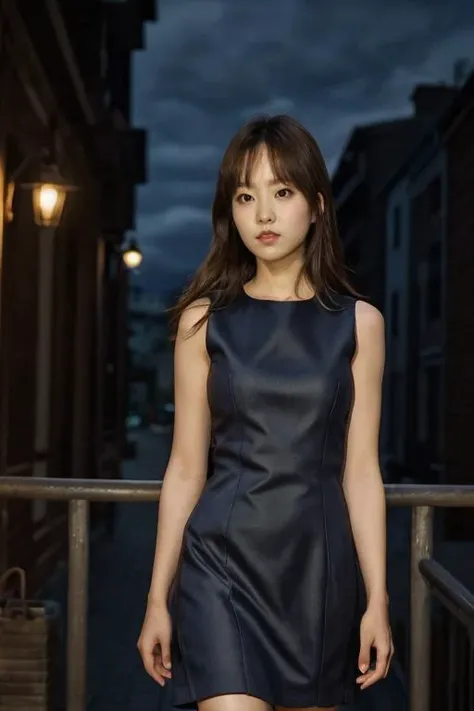 1girl, solo, (upper body:1.2), (slim body), standing, closed mouth, long hair, (small breast:1) ((elegant sleeveless dress)), lips, (photorealistic:1.4), masterpiece, 8k HDR, (realistic:0.2), cinematic lighting, colorful light, (looking at viewer), city street, (detailed background:1.1), panorama, ((night)), slender,