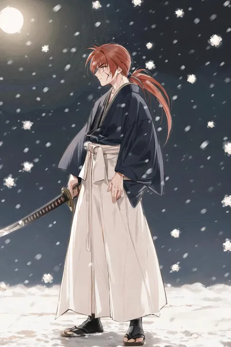 <lora:KenshinStyle-20:1>
red_hair, weapon, sword, night, 1boy,full_body, male_focus, solo,facing_to_the_side, looking_to_the_side, japanese_clothes, scar, katana, ponytail, hakama, long_hair, hakama_skirt, snow, kimono, skirt, snowing, sandals, samurai, sheath, scar_on_face, (masterpiece:1.3), (best_quality:1.3), (ultra_detailed:1.3), 8k, extremely_clear,