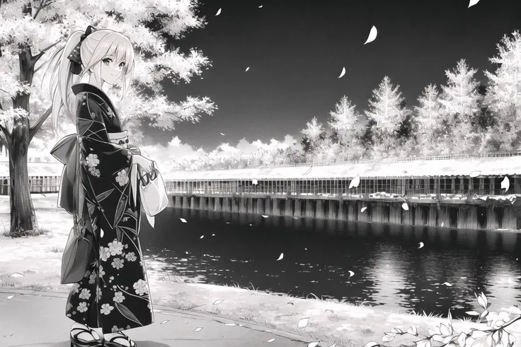 <lora:KenshinStyle-20:0.9>
monochrome, greyscale, japanese_clothes,
1girl,wide_shot, from_side, looking_at_viewer, monochrome, greyscale, japanese_clothes, solo, kimono, ponytail, tree, long_hair, petals, willow,branch, sandals, bag, hair_bow, yukata, bow, obi, sash, kinchaku, smile, pouch, night,, (masterpiece:1.3), (best_quality:1.3), (ultra_detailed:1.3), 8k, extremely_clear,, insane details, intricate details, hyperdetailed, ultra detailed, extreme detailed, highest detailed, high_detail, colorful, beautiful, hdr, photorealistic, highres, ultra_high_res, photography, aesthetic, extremely_delicate,