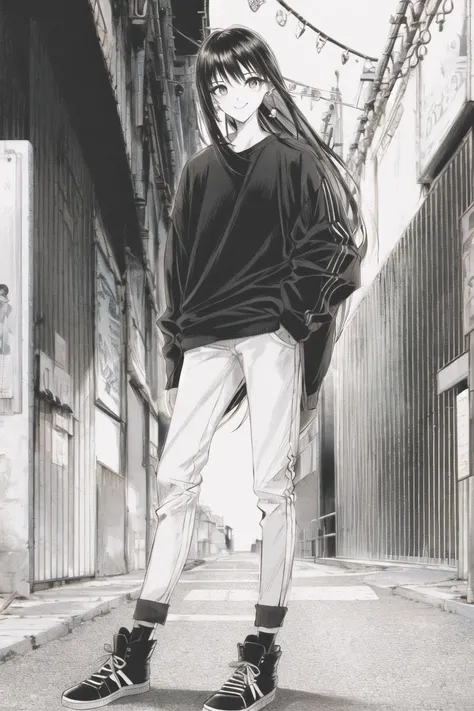<lora:KenshinStyle-20:0.9>
monochrome, greyscale,
1girl, solo, , long hair, Streetwear outfit, shoes, jewelry, ear piercing, looking at viewer, road sign, street park, street, urban,, (masterpiece:1.3), (best_quality:1.3), (ultra_detailed:1.3), 8k, extremely_clear,, insane details, intricate details, hyperdetailed, ultra detailed, extreme detailed, highest detailed, high_detail, colorful, beautiful, hdr, photorealistic, highres, ultra_high_res, photography, aesthetic, extremely_delicate,, seductive_smile,