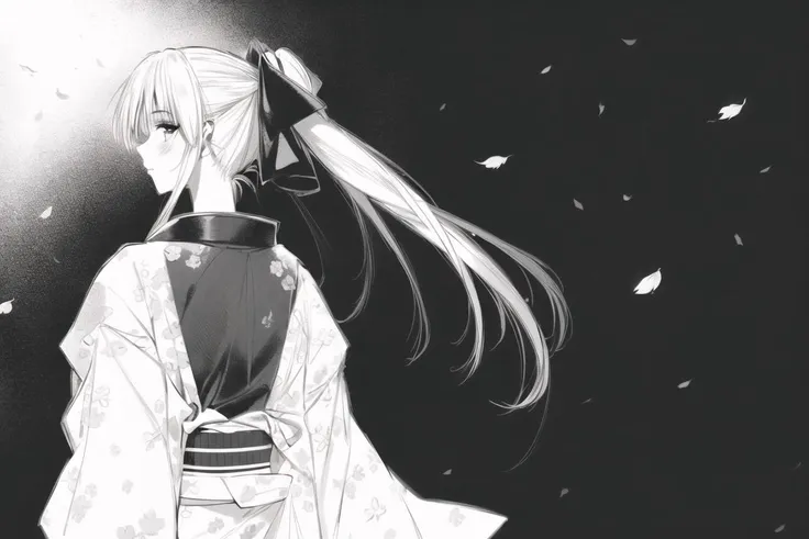 <lora:KenshinStyle-20:0.9>
monochrome, greyscale, japanese_clothes,
1girl, , solo, , japanese_clothes, kimono, long_hair, ponytail, obi, sash, branch, bow, long_sleeves, flower, hair_bow, white_background, from_behind, very_long_hair, simple_background, cherry_blossoms,wide_shot,, (masterpiece:1.3), (best_quality:1.3), (ultra_detailed:1.3), 8k, extremely_clear,, insane details, intricate details, hyperdetailed, ultra detailed, extreme detailed, highest detailed, high_detail, colorful, beautiful, hdr, photorealistic, highres, ultra_high_res, photography, aesthetic, extremely_delicate,