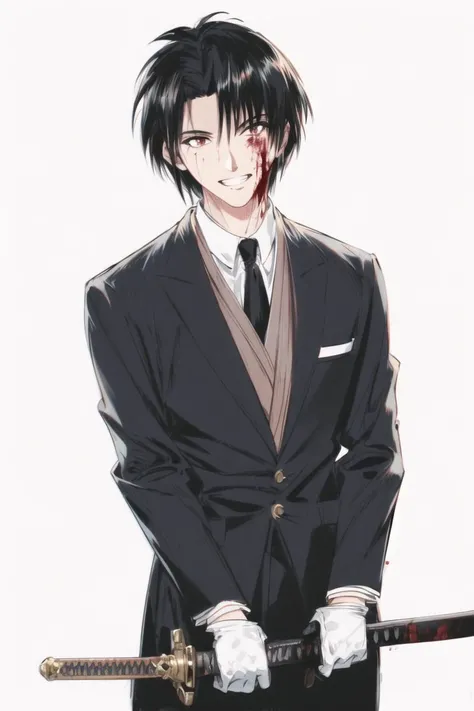 <lora:KenshinStyle-20:0.9>
weapon, male_focus, sword, 1boy, solo, (business_suit),black_gloves, , blood, katana, , short_hair, , hakama, teeth, smile, simple_background, white_background, clenched_teeth, open_mouth,, (masterpiece:1.3), (best_quality:1.3), (ultra_detailed:1.3), 8k, extremely_clear,, insane details, intricate details, hyperdetailed, ultra detailed, extreme detailed, highest detailed, high_detail, colorful, beautiful, hdr, photorealistic, highres, ultra_high_res, photography, aesthetic, extremely_delicate,