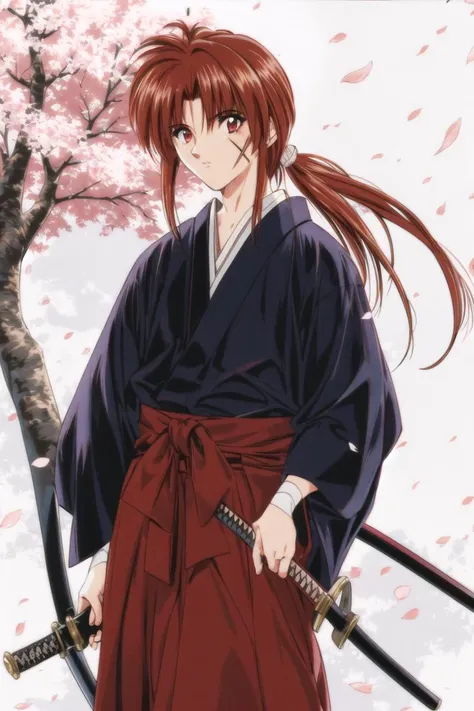 <lora:KenshinStyle-20:0.9>
solo, weapon, 1boy, sword, male_focus, japanese_clothes, red_hair, red_eyes, hakama, long_hair, petals, katana, tree, hakama_skirt, sheath, cherry_blossoms, scar, sheathed, bandages, skirt, simple_background, 1990s_(style), kimono, retro_artstyle, looking_at_viewer, samurai, white_background, long_sleeves, (masterpiece:1.3), (best_quality:1.3), (ultra_detailed:1.3), 8k, extremely_clear,, insane details, intricate details, hyperdetailed, ultra detailed, extreme detailed, highest detailed, high_detail, colorful, beautiful, hdr, photorealistic, highres, ultra_high_res, photography, aesthetic, extremely_delicate,