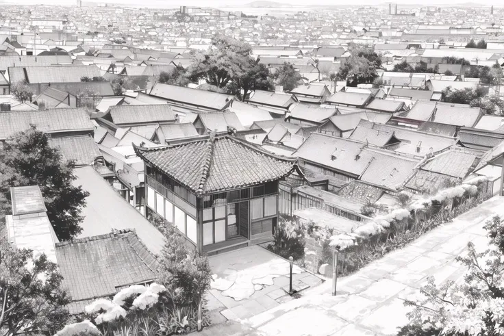 <lora:KenshinStyle-20:0.9>
monochrome, greyscale, japanese_clothes, no_humans, scenery,
wide_shot,
house, path, field, chimney, from_above, window, door, outdoors,, (masterpiece:1.3), (best_quality:1.3), (ultra_detailed:1.3), 8k, extremely_clear,, insane details, intricate details, hyperdetailed, ultra detailed, extreme detailed, highest detailed, high_detail, colorful, beautiful, hdr, photorealistic, highres, ultra_high_res, photography, aesthetic, extremely_delicate,
