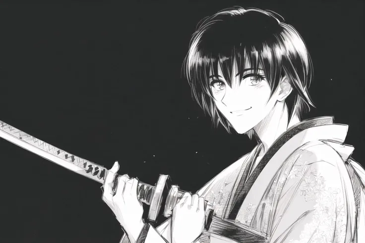 <lora:KenshinStyle-20:0.9>
monochrome, greyscale, japanese_clothes,
sword, monochrome, weapon, greyscale, solo, japanese_clothes, katana, short_hair, 1boy, over_shoulder, male_focus, smile, weapon_over_shoulder, looking_at_viewer, white_background, simple_background, sword_over_shoulder, holding, upper_body, sketch, holding_weapon, holding_sword, kimono, from_side, hatching_(texture), traditional_media, hakama, (masterpiece:1.3), (best_quality:1.3), (ultra_detailed:1.3), 8k, extremely_clear,, insane details, intricate details, hyperdetailed, ultra detailed, extreme detailed, highest detailed, high_detail, colorful, beautiful, hdr, photorealistic, highres, ultra_high_res, photography, aesthetic, extremely_delicate,
