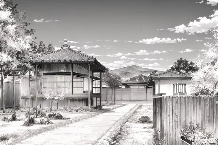 <lora:KenshinStyle-20:0.9>
monochrome, greyscale, japanese_clothes, no_humans, scenery,
house, path, field, chimney, sky, cloud, window, door, outdoors,, (masterpiece:1.3), (best_quality:1.3), (ultra_detailed:1.3), 8k, extremely_clear,, insane details, intricate details, hyperdetailed, ultra detailed, extreme detailed, highest detailed, high_detail, colorful, beautiful, hdr, photorealistic, highres, ultra_high_res, photography, aesthetic, extremely_delicate,