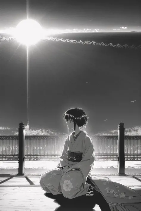 <lora:KenshinStyle-20:0.9> 
monochrome, greyscale, japanese_clothes, 
(silhouette), sun, sky, 
bridge, kneeling, 1boy, short_hair,, (masterpiece:1.3), (best_quality:1.3), (ultra_detailed:1.3), 8k, extremely_clear,, insane details, intricate details, hyperdetailed, ultra detailed, extreme detailed, highest detailed, high_detail, colorful, beautiful, hdr, photorealistic, highres, ultra_high_res, photography, aesthetic, extremely_delicate,