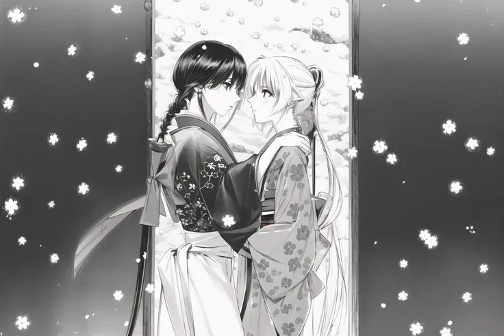 <lora:KenshinStyle-20:0.9>
monochrome, greyscale, japanese_clothes,
planted_sword, 1girl, looking_at_another, snow, weapon, sword, 1boy, long_hair, katana, kimono, couple, snowing, hetero, hug, braided_ponytail,, (masterpiece:1.3), (best_quality:1.3), (ultra_detailed:1.3), 8k, extremely_clear,, insane details, intricate details, hyperdetailed, ultra detailed, extreme detailed, highest detailed, high_detail, colorful, beautiful, hdr, photorealistic, highres, ultra_high_res, photography, aesthetic, extremely_delicate,