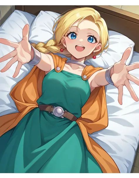 score_9, score_8_up, score_7_up, source_anime,
dqbianca, <lora:dq-bianca-ponyxl-lora-nochekaiser:1>,
bianca, blonde hair, blue eyes, braid, braided ponytail, long hair, smile,
belt, brown belt, cape, dress, earrings, jewelry, green dress,
indoors, bed, bed room, on back, arm support, arms up, incoming hug, pov, reaching, reaching towards viewer,
looking at viewer, dutch angle, cowboy shot,