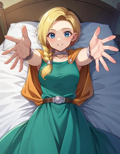 score_9, score_8_up, score_7_up, source_anime,
dqbianca, <lora:dq-bianca-ponyxl-lora-nochekaiser:1>,
bianca, blonde hair, blue eyes, braid, braided ponytail, long hair, smile,
belt, brown belt, cape, dress, earrings, jewelry, green dress,
indoors, bed, bed room, on back, arm support, arms up, incoming hug, pov, reaching, reaching towards viewer,
looking at viewer, dutch angle, cowboy shot,