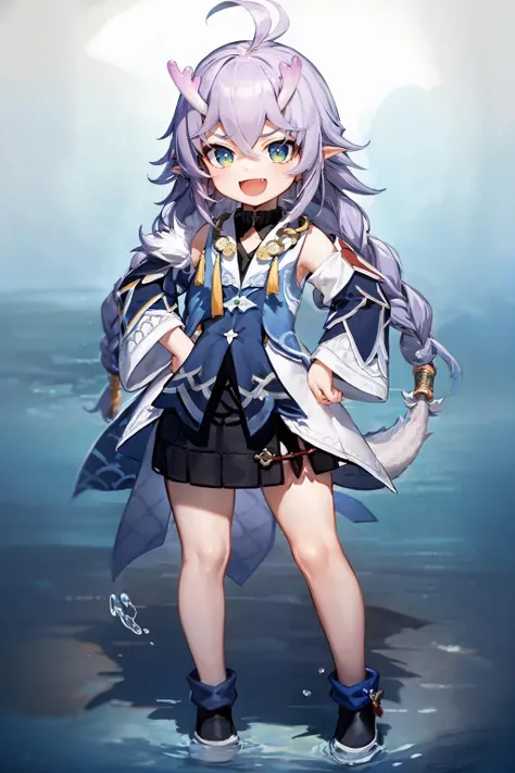 masterpiece, best quality, <lora:Shiratsuyu-s:1>,shiratsuyu, 1girl, solo, white background, smile, open mouth, looking at viewer, hand on hip, :d, standing, full body, holding, water, simple background, fang