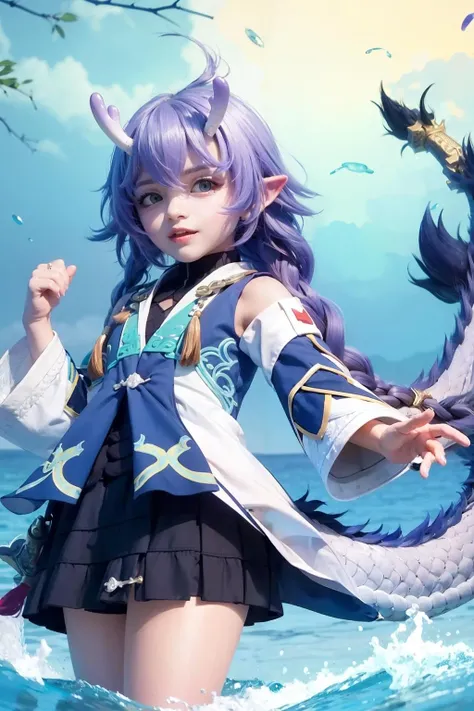masterpiece, best quality, <lora:Shiratsuyu-m:1>,horns, 1girl, long hair, solo, pointy ears, tail, blue eyes, water, braid, dragon tail, detached sleeves, open mouth, smile, looking at viewer, dragon girl, very long hair, blue hair, purple hair, dragon horns, hair between eyes