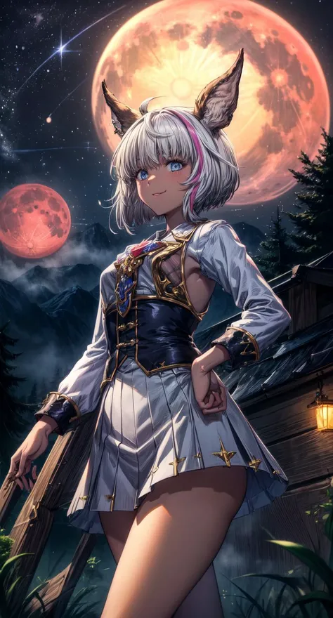 masterpiece, best quality, painting, absurdres, illustration, 8k, detailed shadows, indricate, skindentation, cowboy shot, beautiful detailed eyes,  <lyco:lighting_loha:0.3>
BREAK chloe, textured skin, shiny skin, light smile, 1girl, erune, solo, dark-skinned female, streaked hair, blue eyes, happy, cutout, skirt, thighs, walking, looking up, from below, 
cloudy sky, night, moss, misty, forest, mountainous horizon, outdoors, (starry sky:1.2), wilderness, (galaxy:1.2), (multiple moons:1.2), blue moon, red moon