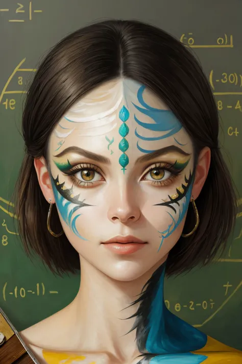 (oil painting:1.2) of <lora:sd15_LenaMeyerLandrut_locon_24_v1.0:.9> LenaMeyerLandrut, close up on face, focus on eyes, (equations face paint:1.2)