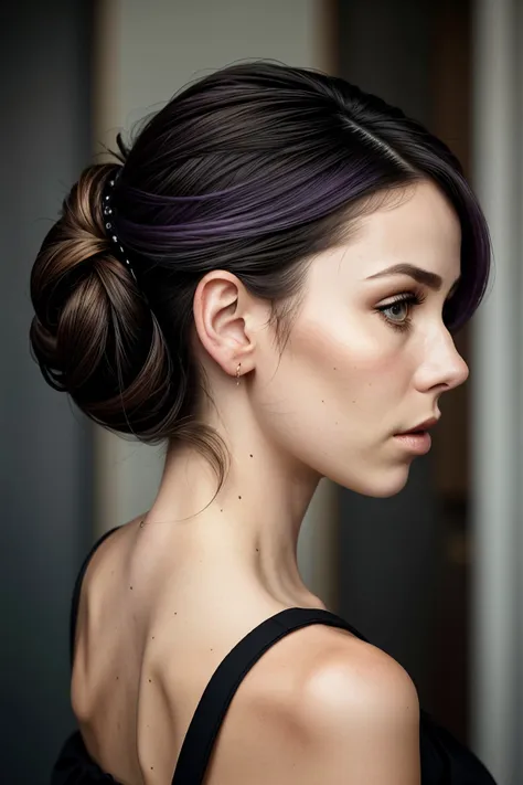 close range of realistic photo of <lora:sd15_LenaMeyerLandrut_locon_24_v1-000016:.9> LenaMeyerLandrut, focus on face, from behind wearing conservative clothing , her wisteria color hair is styled as vintage bun,