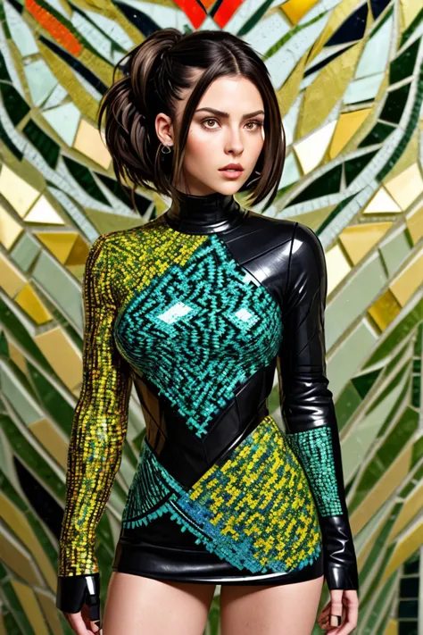 ((mosaic style:1.2), fragmented, colorful, patterned, highly detailed:1.15), half-body of <lora:sd15_LenaMeyerLandrut_locon_24_v1-000016:.9> LenaMeyerLandrut, focus on face, wearing leather armor , her dark chocolate hair is styled as faux hawk hair,