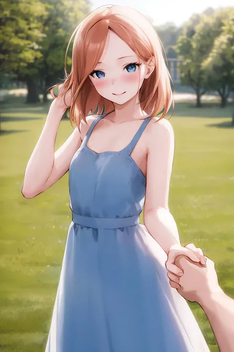 mcquinn, a cute petite 30 year old woman, long hair, ginger hair, blue eyes, looking at viewer, smile, blush, happy, loving, intimate, cute, slender, delicate frame, small breasts, (blue dress:1.1)
<lora:luimi_3batch_size_2epoch_700steps:0.75> luimi style
<lora:HoldingHandsPov:0.4> (incrsholdinghandspov, holding hands, povhands:1.1), pov, pov arm, pov hand, girl focus,
outside, park, summer