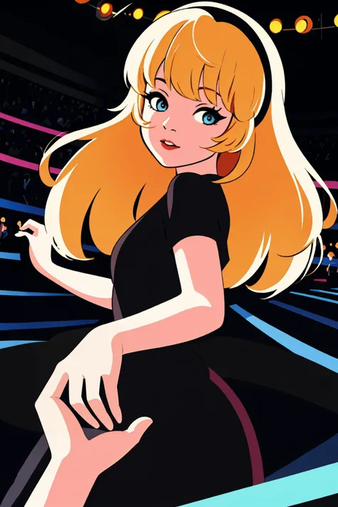 best quality, beautiful, illustration, a dance party, IncrsHoldingHandsPov, from side laurapalmer, blonde, solo, black dress, dress, pov hands, black jacket, alluring, dance party, lights, crowd, <lora:Laura:.6> <lora:HoldingHandsPov:.8>, looking at viewer, <lora:minimalist:1>