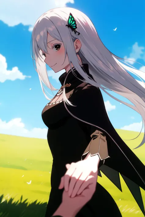anime, hdr, soft light, ((best quality)), ((masterpiece)), (detailed), IncrsHoldingHandsPov, holding hands, pov hands, from side, <lora:HoldingHandsPov:1>, <lora:Echidna_V2-000018:0.9> echidna, brown eyes, butterfly hair ornament, (colored eyelashes:1.1), capelet, black dress, long sleeves, evil smile, looking at viewer, hill, field, grass, clear sky