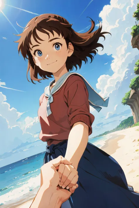 8k, studio ghibli style, 80's anime, vhs effect, flat colors, best quality, masterpiece, girl, brown hair, blue eyes, smile, sweater, IncrsHoldingHandsPov, italy ocean, holding hands, pov hands, <lora:HoldingHandsPov:1>