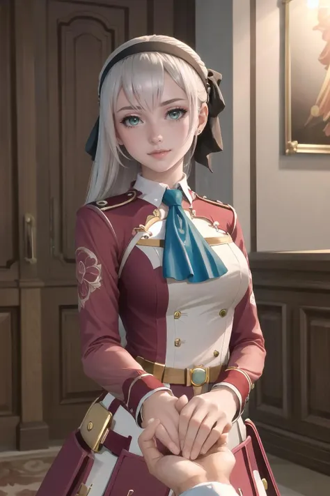 masterpiece, 4K, best quality, elie macdowell, wistful expression, hairband, hair ribbon, blue ascot, red coat, white dress, black pantyhose, belt, cowboy shot, hand to heart, hallway, standing, blush <lora:elie-ver2-nv-lightbaked-v1-000014:0.85>