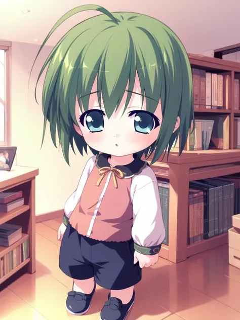 <lora:SakurazawaKeito:0.8>, SakurazawaKeito, solo, green hair, 1boy, short hair, ahoge, shorts, green eyes, full body, child, blue eyes,
home in the room,
masterpiece, high quality, very_high_resolution, large_filesize, full color,