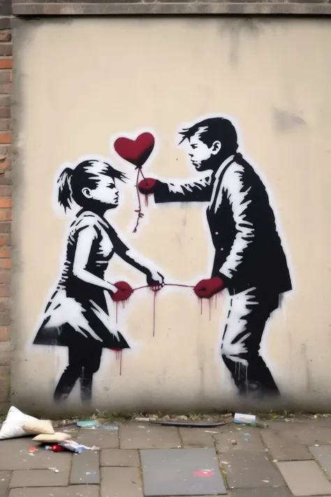 <lora:Banksy Style:1>Banksy Style - a couple fighting over a little pillow - banksy style