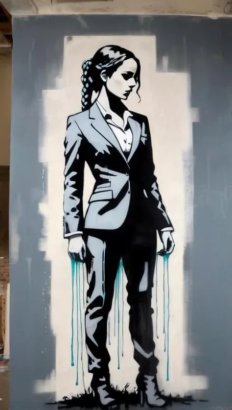 nude, nsfw, drawing, art, Vernee Watson-Johnson mixed with Tiffany Lynn Rowe mixed with Lisa Sheridan, woman, brown haired, braided hair, Goth, Farmer, sexy business suit, medium slate blue, patina, Eyelet, movie still, Crime Genre, sad, drunk, <lora:Banksy Style:1.0>, wall painting by banksy, spray paint, interested, lunging ,, eyes closed, sitting,, 3/4 view, dry ,
