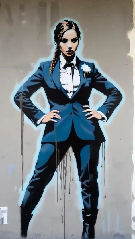 nude, nsfw, drawing, art, Vernee Watson-Johnson mixed with Tiffany Lynn Rowe mixed with Lisa Sheridan, woman, brown haired, braided hair, Goth, Farmer, sexy business suit, medium slate blue, patina, Eyelet, movie still, Crime Genre, sad, drunk, <lora:Banksy Style:1.0>, wall painting by banksy, spray paint, wild eyed, leaning on wall,, eyes rolled back, crawling,, tilted view, facial ,