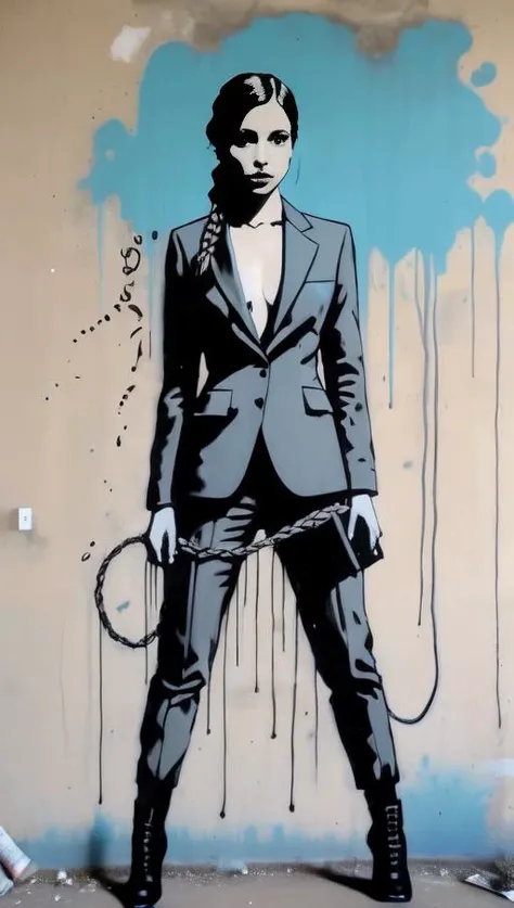 nude, nsfw, drawing, art, Vernee Watson-Johnson mixed with Tiffany Lynn Rowe mixed with Lisa Sheridan, woman, brown haired, braided hair, Goth, Farmer, sexy business suit, medium slate blue, patina, Eyelet, movie still, Crime Genre, sad, drunk, <lora:Banksy Style:1.0>, wall painting by banksy, spray paint, laughing, finger on nipple ,, eyes open, curled up,, tilted  view, sweat ,