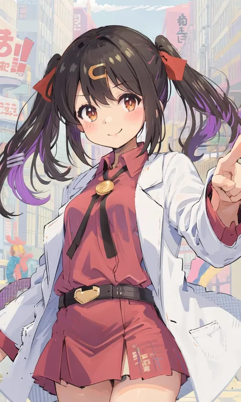 1girl, cowboy shot, straight-on, looking at viewer, light smile, blush stickers, (short twintails:1.2), black hair, hair ribbon, red ribbon, ((hairclip)), closed mouth, ((white long coat)), collared shirt, red shirt, labcoat, long sleeves, hands in pocket, belt, belt buckle, black miniskirt, solo, bare tree, building, city, cityscape, day, outdoors, street, tokyo \(city\), tree, pointing,