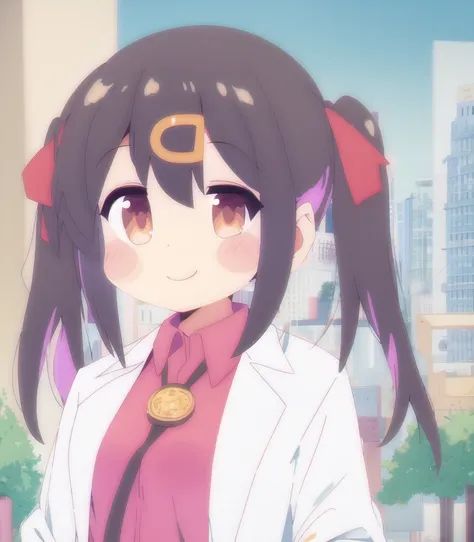 1girl, full body, straight-on, looking at viewer, light smile, blush stickers, (short twintails:1.2), black hair, hair ribbon, red ribbon, ((hairclip)), closed mouth, ((white long coat)), collared shirt, red shirt, labcoat, long sleeves, hands in pocket, belt, belt buckle, black miniskirt, solo, bare tree, building, city, cityscape, day, outdoors, street, tokyo \(city\), tree