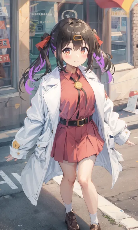 Anime girl in a short dress and coat walking down a street - SeaArt AI