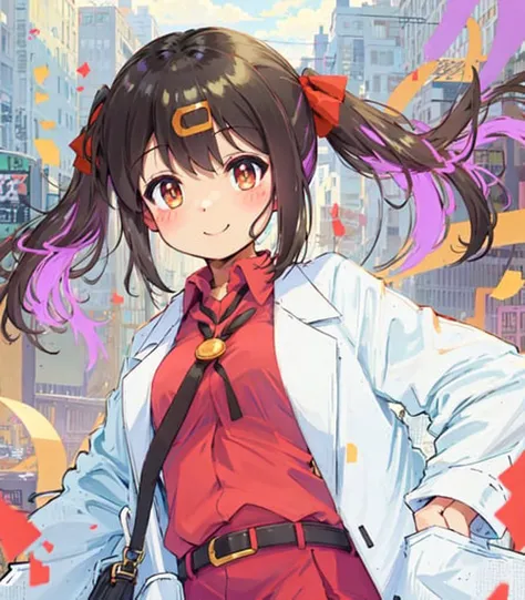 1girl, cowboy shot, straight-on, looking at viewer, light smile, blush stickers, (short twintails:1.2), black hair, hair ribbon, red ribbon, ((hairclip)), closed mouth, ((white long coat)), collared shirt, red shirt, labcoat, long sleeves, hands in pocket, belt, belt buckle, black miniskirt, solo, bare tree, building, city, cityscape, day, outdoors, street, tokyo \(city\), tree