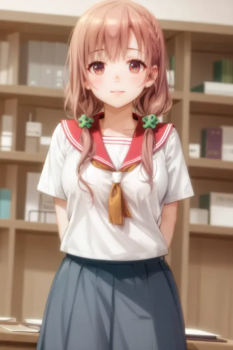 (masterpiece, best quality:1.2), <lyco:hinakonote_sakuragihinako-10:1.0>, cowboy shot, solo, 1girl, sakuragi hinako, slight smile, looking at viewer, arms behind back, bangs, low twintails, hair ornament, school uniform, serafuku, skirt