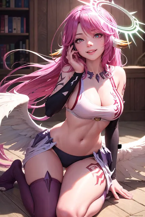 Ultra-detail,(highres:1.1),best quality,(masterpiece:1.3),cinematic lighting,
<lora:ngnl_jibril:1>,ngnl_jibril,long hair,pink hair,halo,tattoo,large breasts,cleavage,wariza,naughty face, smile,sideboob, asymmetrical legwear,mismatched legwear,
(detailed face and eyes:1.3),detailed teeth,