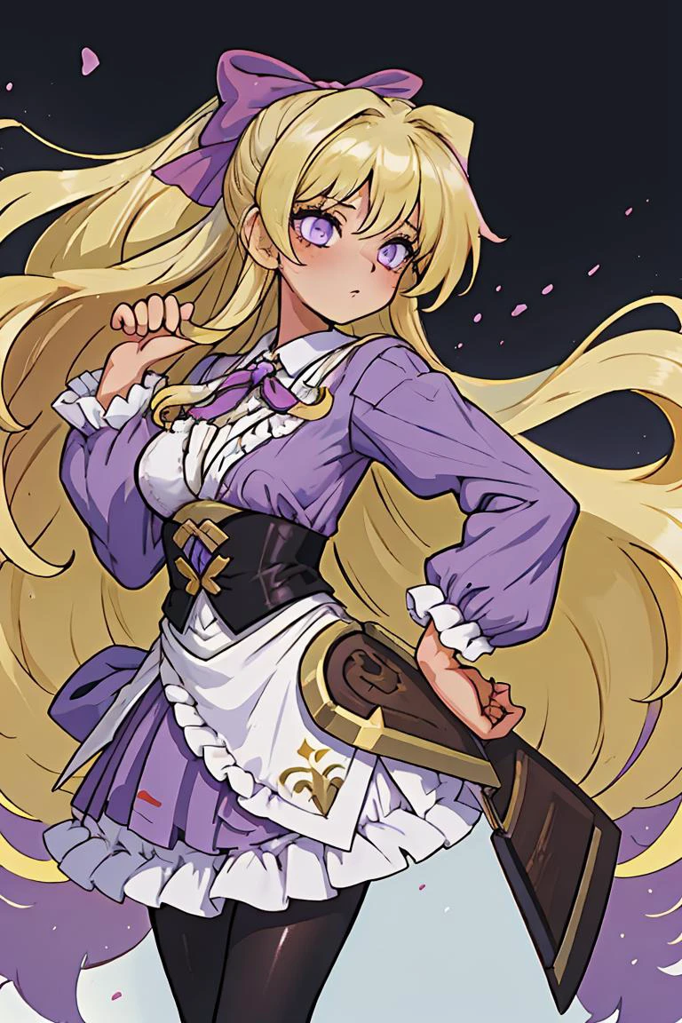 (masterpiece, best quality), 1girl, <lora:leeza-nvwls-v1:0.8> leeza, blonde hair, hair bow, purple dress, long sleeves, frills, black pantyhose