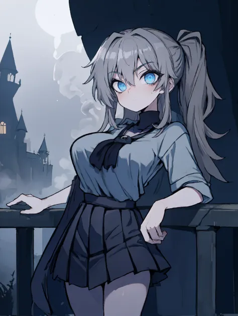 1girl solo castle-bridge dawn foggy gloomy gothic indigo-pleated-skirt taut-shirt-turtleneck Grey-Hair Blue-Eyes <lora:JdotKdot5_Style-000011:0.8> jkstyle large-breasts