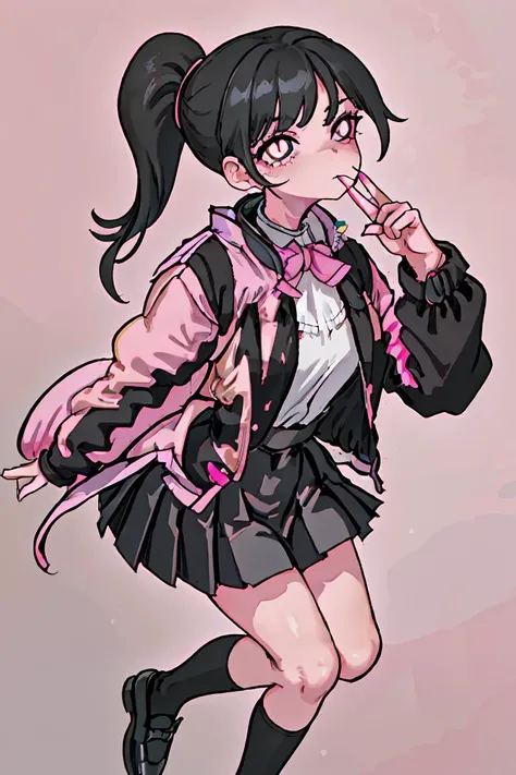 (masterpiece, best quality), 1girl,  <lora:yoru mac girlfriend-lora-nochekaiser:1> yoru mac girlfriend, bangs, black hair, ponytail, sidelocks, (black eyes:1.2), (bright pupils:1.5), jacket, (pink jacket:1.5), skirt, shirt, bow, school uniform, white shirt, pleated skirt, bowtie, black skirt, black footwear, kneehighs,