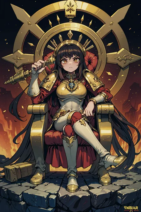 (warhammer 40k themed:1.2),
A glorious and golden palace of the Emperor of Mankind, located on Terra, the cradle of humanity. The palace is a fortress and a temple, where the Emperor sits on the Golden Throne, a life-support system that sustains his immortal body. The Emperor is the master of mankind, the most powerful psyker, and the god of the Imperium. He guides and protects his loyal servants, who worship him and fight in his name