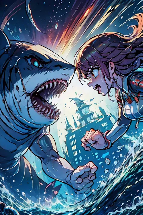 (masterpiece, best quality), 1girl, <lora:sharkBattle:0.8> fightShark,girl fighting a shark head-on,girl glaring at a shark,from side,