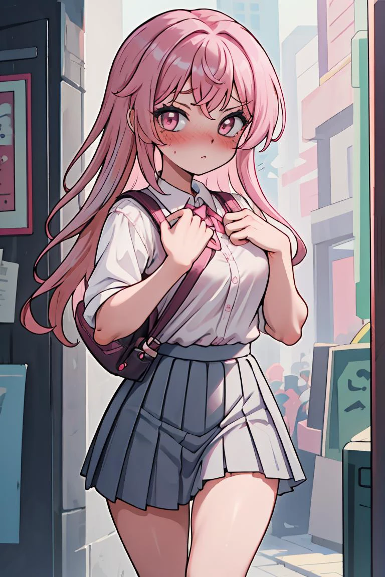 (masterpiece, best quality), 1girl, <lora:skirt_caught_on_object_v0.1:0.8> skirt, panties, pleated skirt, backpack, pink hair, blush, looking at viewer, embarrassed,