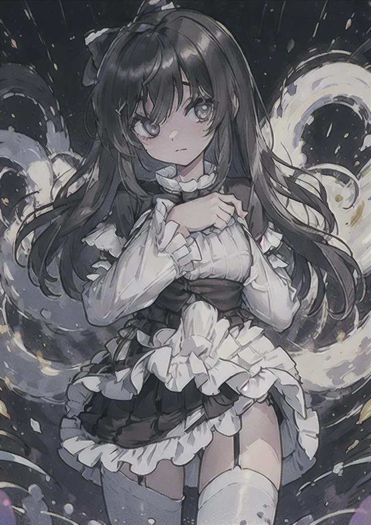 (8k uhd, masterpiece, best quality, high quality, absurdres, ultra-detailed,shirtlift, skirtlift ), <lora:Ghost_Belle-04:0.8>, <lora:shirtliftALORAFor_shirtliftv1:1>,<lora:skirtliftTheAstonishing_skirtliftv1:1>,, ghost belle, looking at viewer, black eyes, hair between eyes, closed mouth, black hair, upper body, short sleeves, hair bow, puffy sleeves, black dress, sleeves past wrists, black bow, frilled sleeves, layered sleeves,