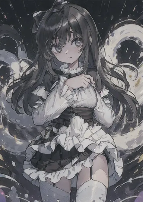 (8k uhd, masterpiece, best quality, high quality, absurdres, ultra-detailed,shirtlift, skirtlift ), <lora:Ghost_Belle-04:0.8>, <lora:shirtliftALORAFor_shirtliftv1:1>,<lora:skirtliftTheAstonishing_skirtliftv1:1>,, ghost belle, looking at viewer, black eyes, hair between eyes, closed mouth, black hair, upper body, short sleeves, hair bow, puffy sleeves, black dress, sleeves past wrists, black bow, frilled sleeves, layered sleeves,