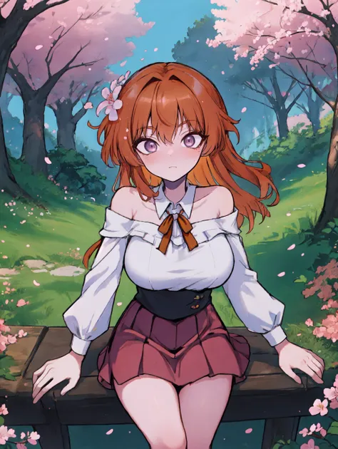 1girl solo hillside-covered-in-cherry-blossom-trees-in-bloom midday-lighting idyllic-and-picturesque-scenery saddle-brown-lowleg-skirt flower-trim-off-shoulder-shirt Orange-Hair Purple-Eyes <lora:JdotKdot5_Style-000011:0.8> jkstyle large-breasts