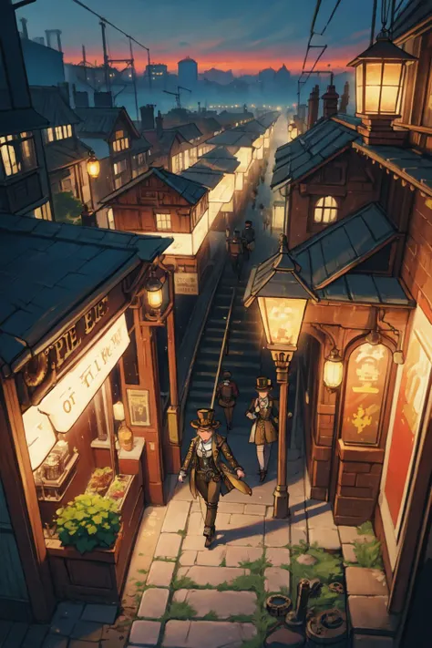 cinematic ground view of eschatological landscape of a Victorian steampunk city, (((steampunk))), (night), hot air balloons, trains, train station, (full of life:1.2), chimneys, smoke, (Pedestrians), shops, view from above, Leica M4, 50mm f/1.4 lens, f/2.8, ISO 400, 1/125 sec,