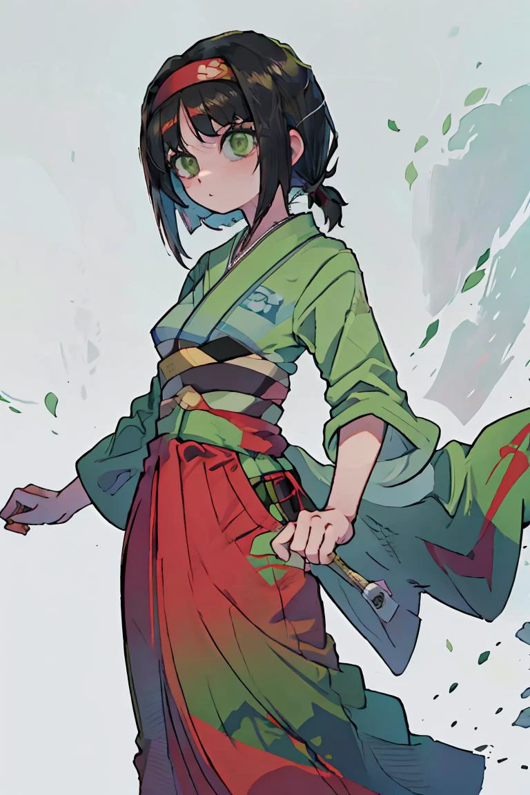 (masterpiece, best quality), 1girl, <lora:Erika_Pokemon_Anime_Dim32:1> Erika_Pokemon, green eyes, short black hair, kimono, hakama, red hairband,